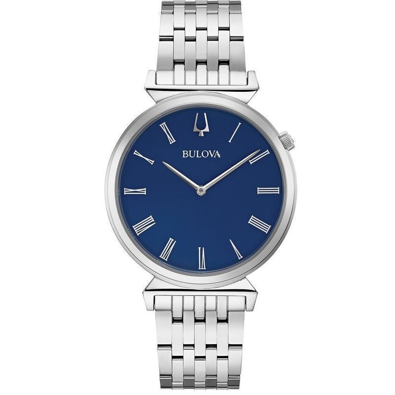 Bulova Regatta gents watch with a blue dial, silver stainless steel band, Roman numerals, and a 2 o’clock crown position.