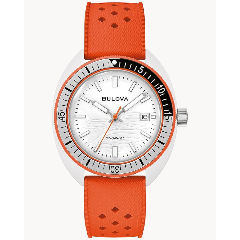 Bulova Snorkel White Dial Orange HNBR Rubber Dive Watch 98B448 for Men