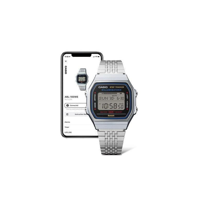 Casio Vintage ABL-100WE silver stainless steel digital watch with Bluetooth smartphone connectivity and step tracker.