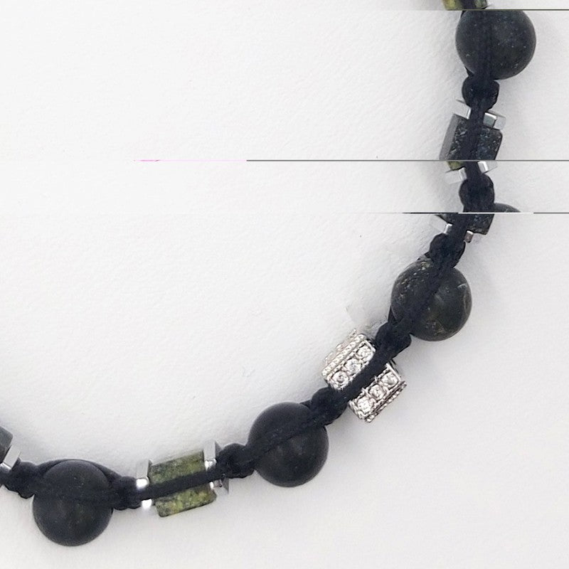 Chrysostomos Handmade Bracelet with Black Cord & Natural Mineral Stones Made of Green Agate
