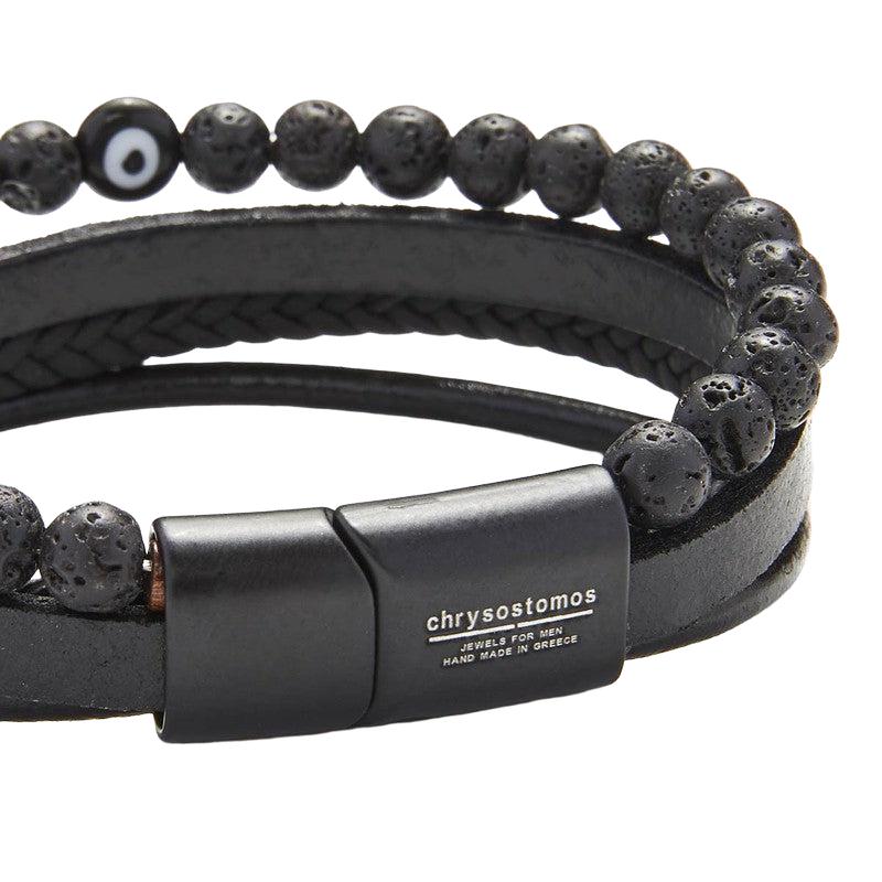 Chrysostomos Handmade Leather Bracelet with Lava & Evil Eye