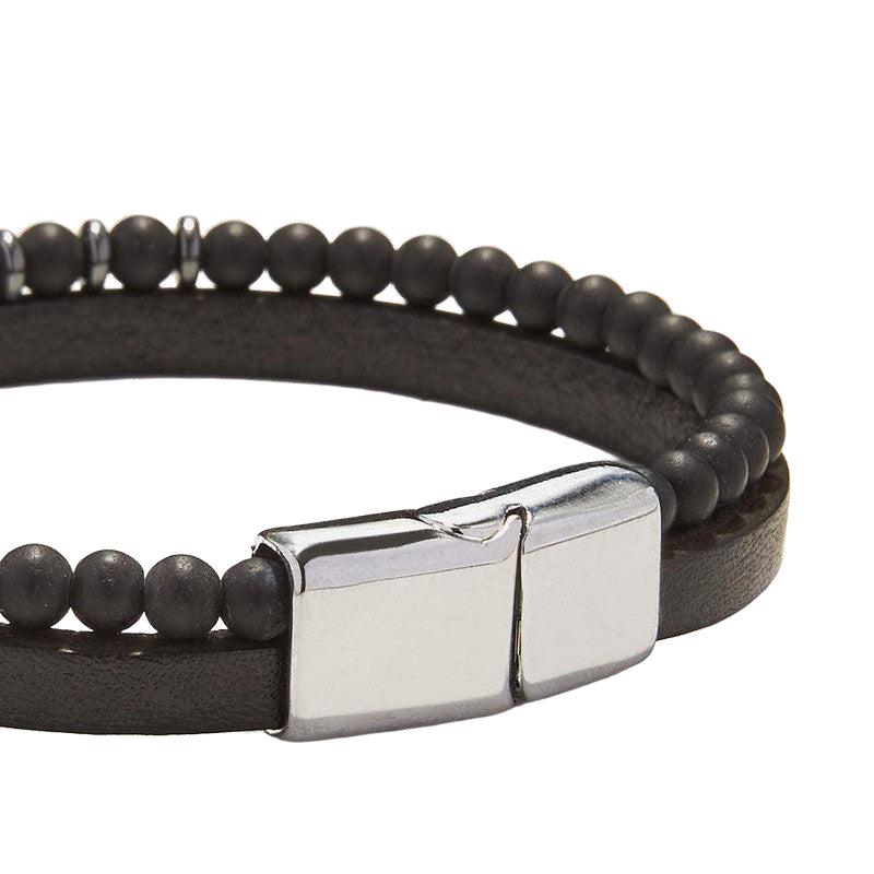 Chrysostomos Handmade Multi-row Lear Bracelet with Natural Mineral Stones of Black Matte Onyx