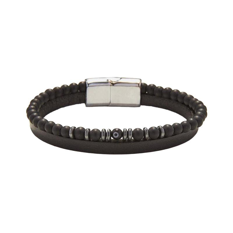 Chrysostomos Handmade Multi-row Lear Bracelet with Natural Mineral Stones of Black Matte Onyx