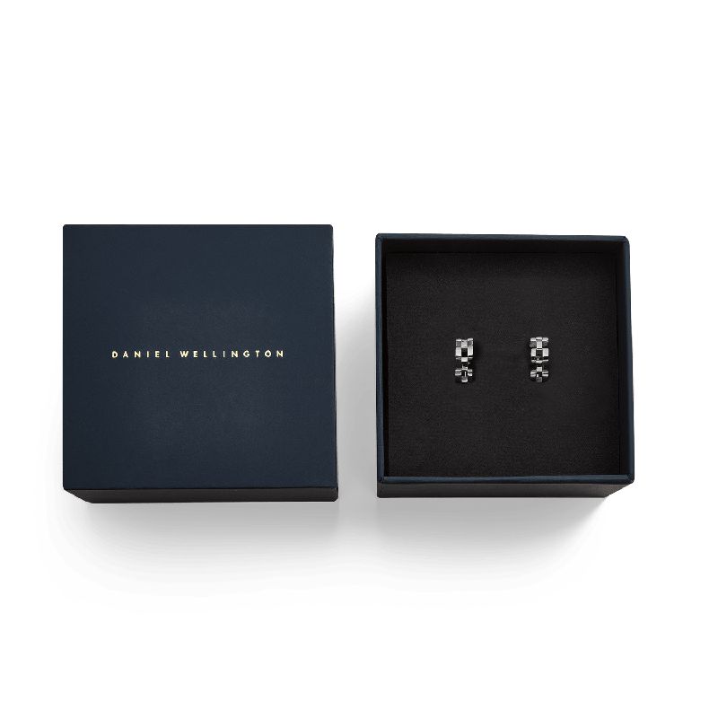 Elegant Daniel Wellington 3-link silver stainless steel earrings, 13.6mm, presented in a branded gift box.