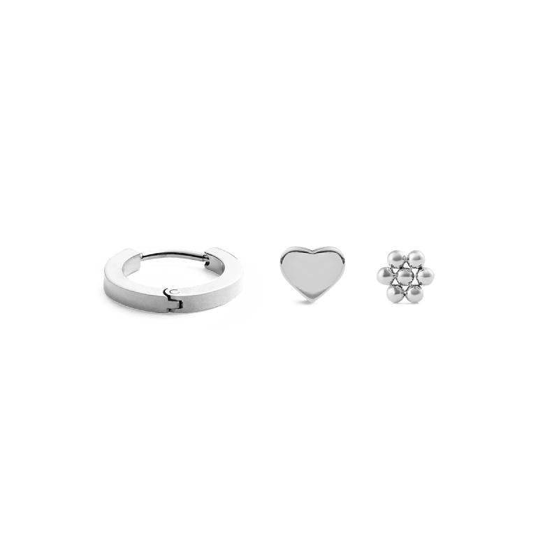 Daniel Wellington Bundle : Hoop + Heart + Flower Stud Silver Set
