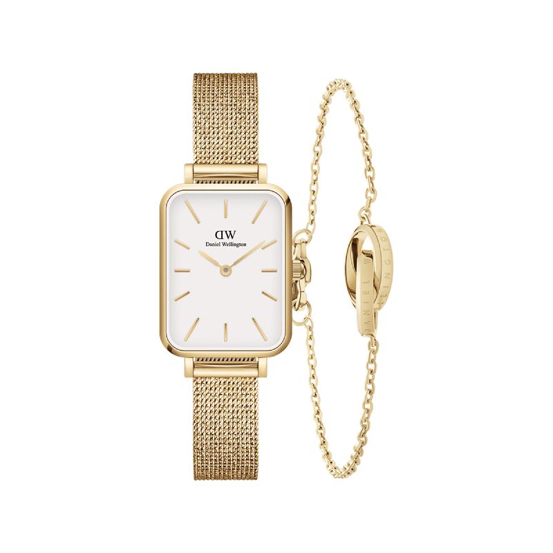 Daniel Wellington Bundle : Quadro Pressed Eggshell White + Elan Unity Bracelet Gold
