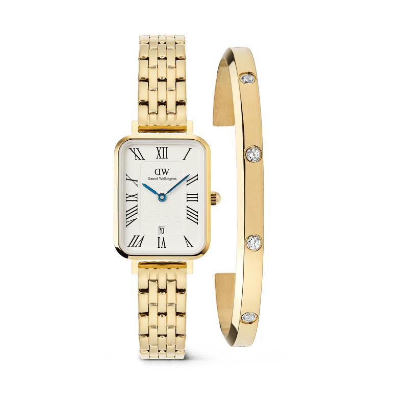 Daniel Wellington Bundle : Quadro Roman Numerals Date + Classic Lumine Bracelet Gold Set