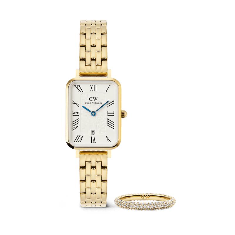 Daniel Wellington Bundle : Quadro Roman Numerals Date + Pavé Ring 3mm Gold Set