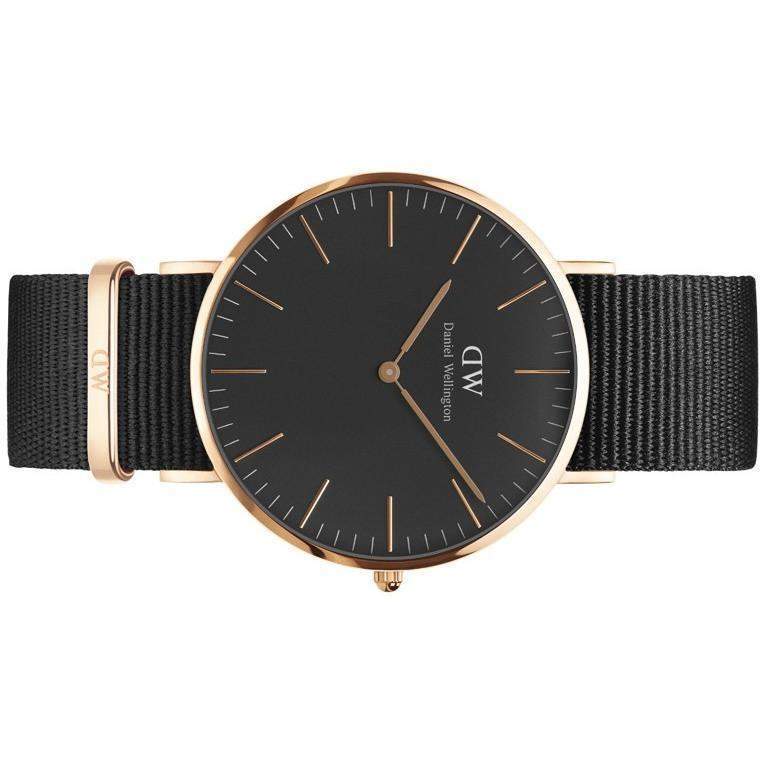 Daniel Wellington 40mm Classic Black Cornwall watch with rose gold case and black NATO strap.