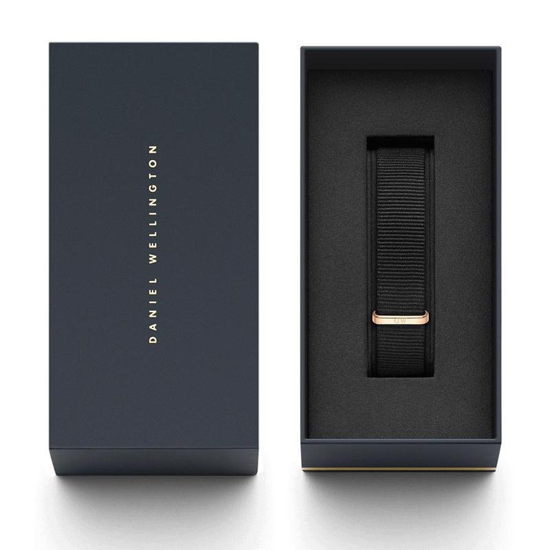 Daniel Wellington Classic Cornwall black NATO watch strap with a sophisticated rose gold buckle in a branded gift box.