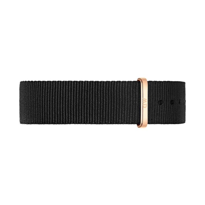 20mm Daniel Wellington Classic Cornwall black NATO watch strap with a sophisticated rose gold buckle.
