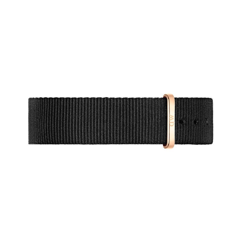 18mm black NATO watch strap with a sophisticated rose gold buckle for a sleek, modern Daniel Wellington style.
