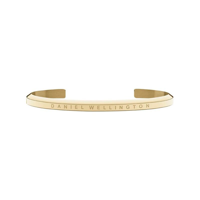 Minimalist Daniel Wellington gold stainless steel cuff bracelet, size small, featuring an elegant engraved logo.