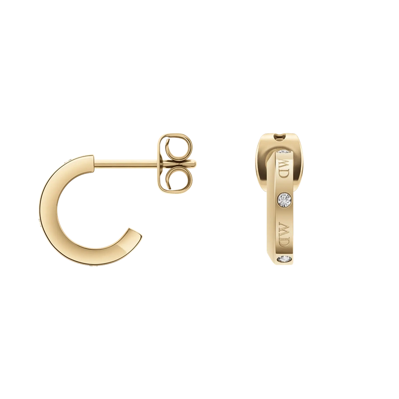 Daniel Wellington Classic Lumine gold hoop earrings with crystal accents and engraved logotype, 13 mm diameter.
