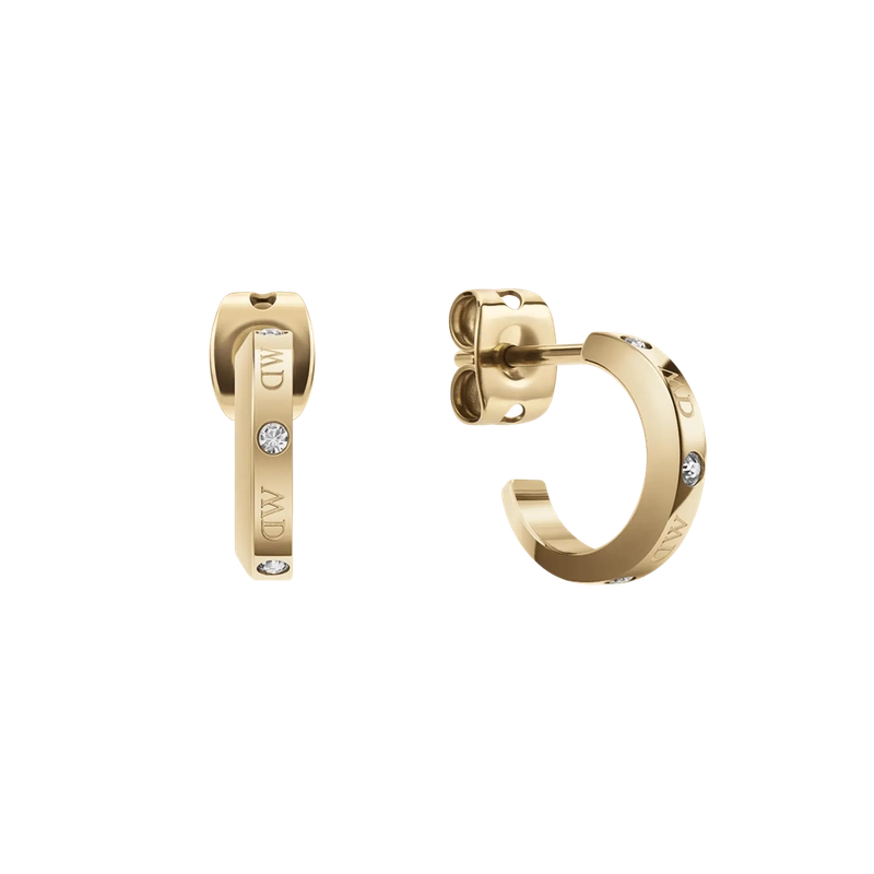 Daniel Wellington Classic Lumine gold hoop earrings featuring refined logotype etchings and four sparkling premium crystals.