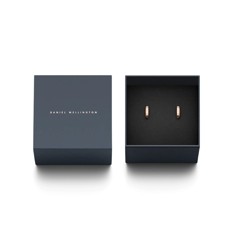 Rose gold Daniel Wellington Classic Lumine hoop earrings with crystals in a branded gift box.