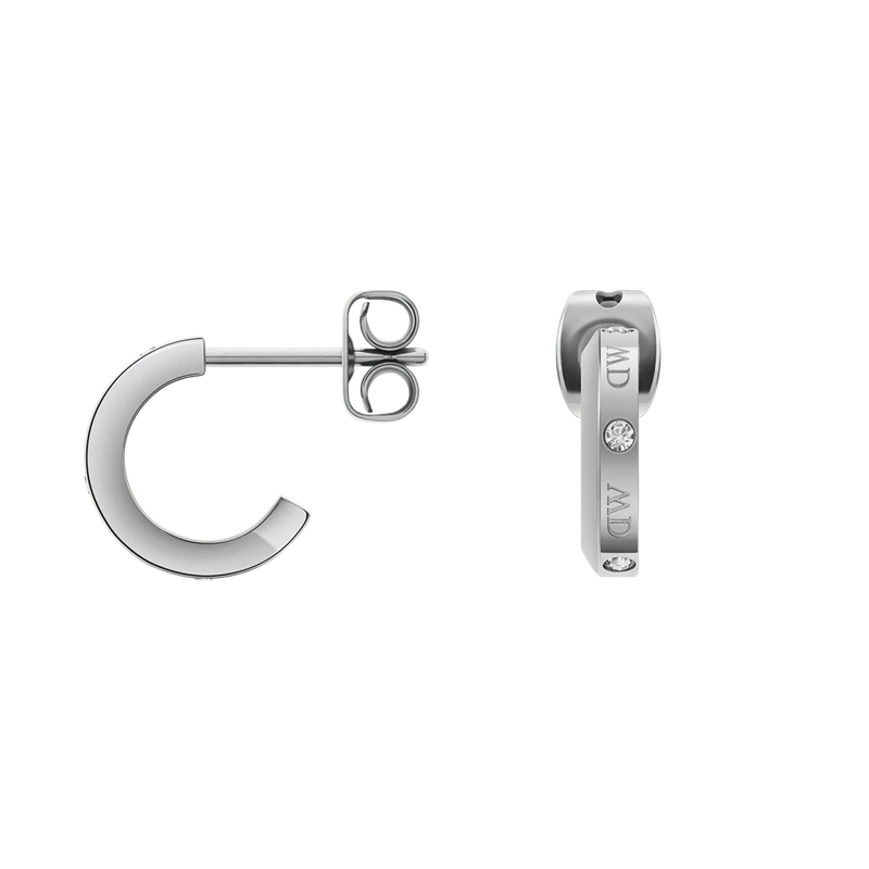 Daniel Wellington Classic Lumine silver stainless steel hoop earrings with crystal accents and logotype etchings.