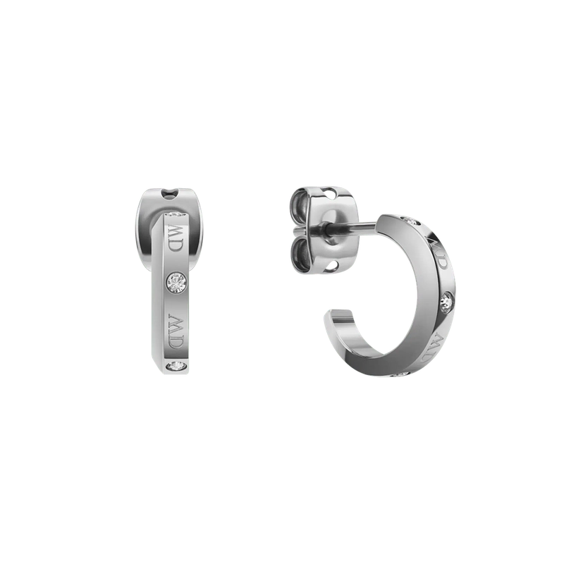 Daniel Wellington Classic Lumine silver hoop earrings in stainless steel with premium crystal accents and logo etchings.
