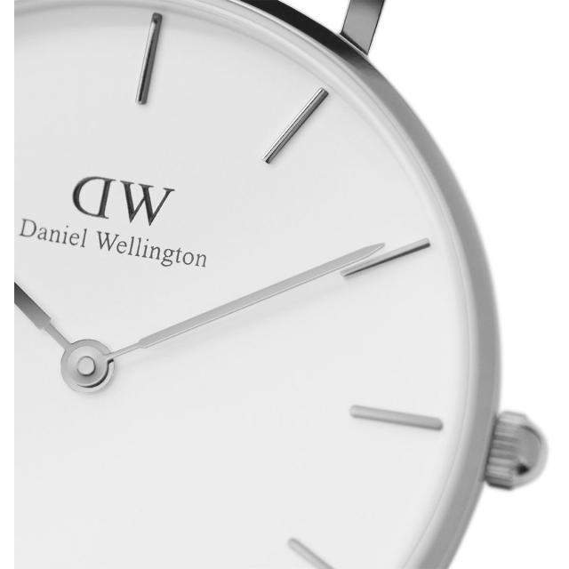 Daniel Wellington Classic Petite 32mm watch with a minimalist white dial and sleek silver stainless steel case.