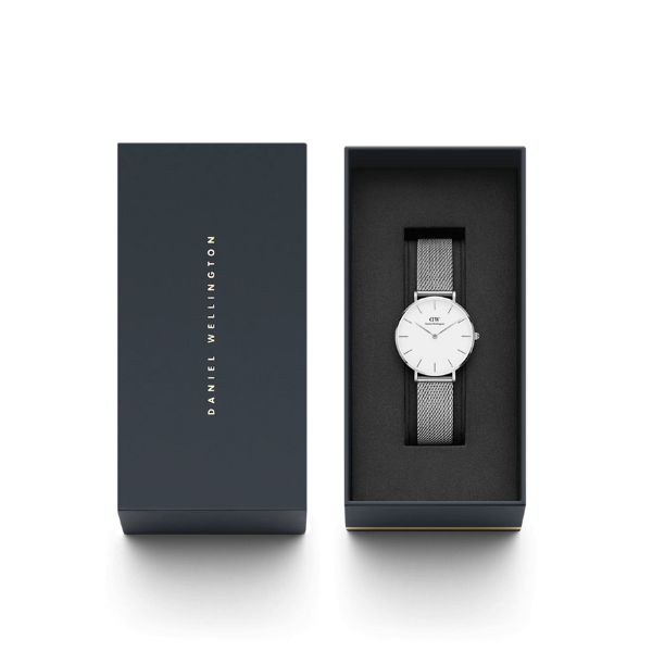 Daniel Wellington Classic Petite 32mm watch with a white dial and silver stainless steel mesh strap in a gift box.
