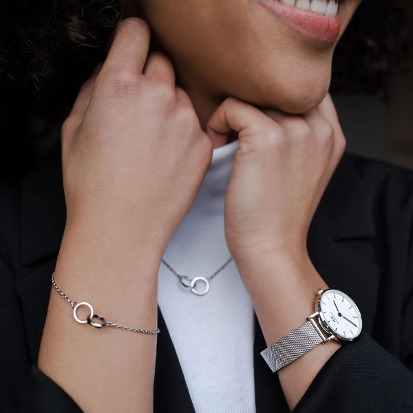 Elegant 32mm Daniel Wellington Classic Petite Sterling watch with a silver mesh strap and crisp white dial.