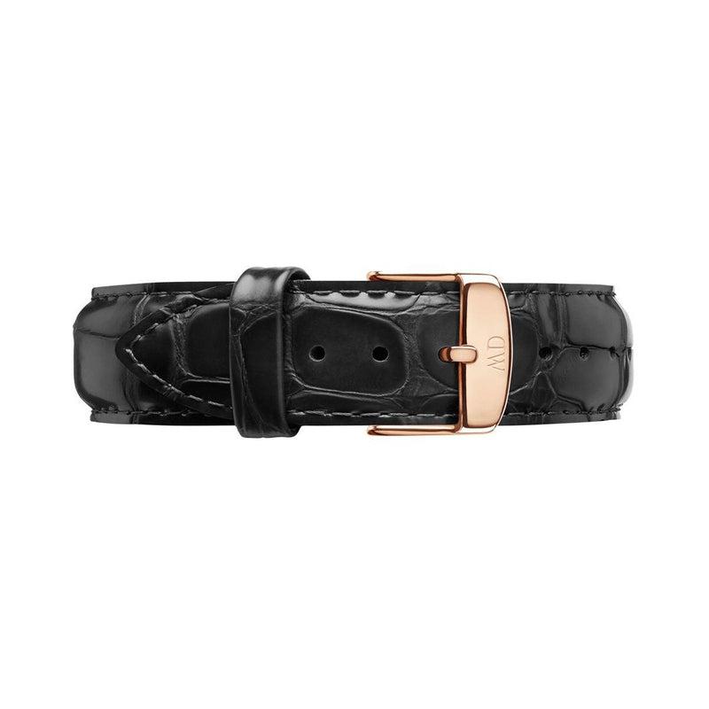 20mm black crocodile-embossed leather watch strap for 36mm Daniel Wellington Classic with a rose gold buckle.