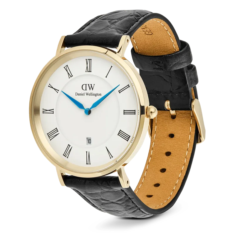 Daniel Wellington Classic Roman Numerals Date Black Croc Belly Gold