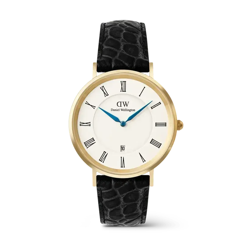 Daniel Wellington Classic Roman Numerals Date Black Croc Belly Gold