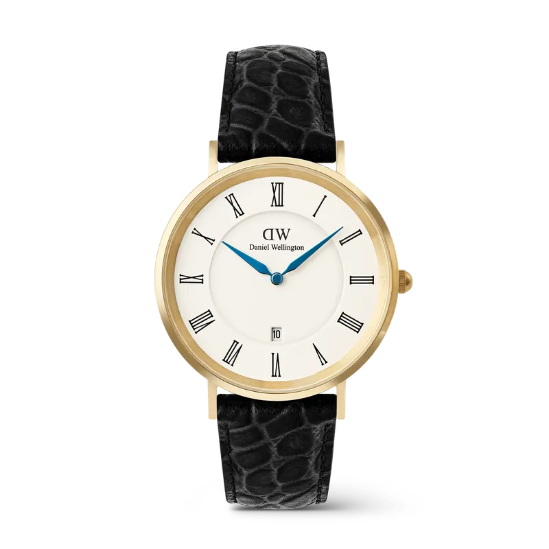 Daniel Wellington Classic Roman Numerals Date Black Croc Belly Gold