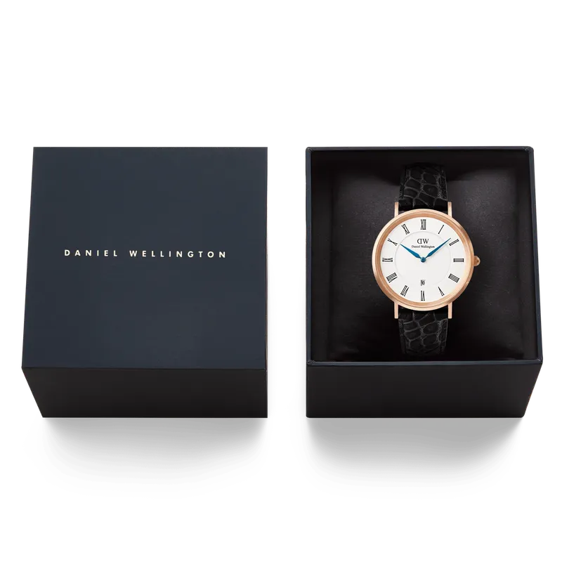 Daniel Wellington Classic Roman Numerals Date Black Croc Belly Rose Gold