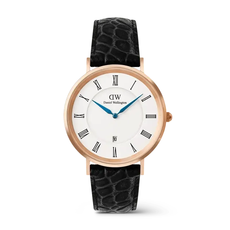 Daniel Wellington Classic Roman Numerals Date Black Croc Belly Rose Gold