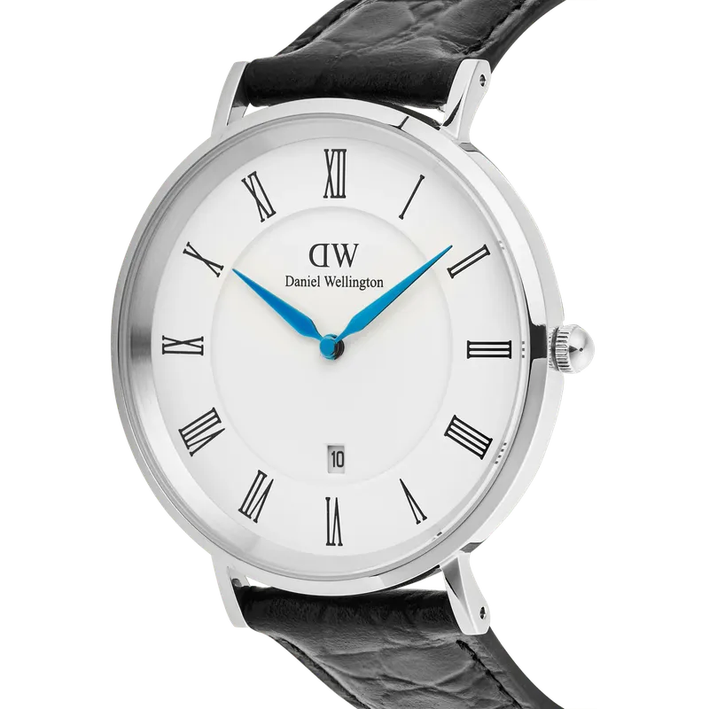 Daniel Wellington Classic Roman Numerals Date Black Croc Belly Silver
