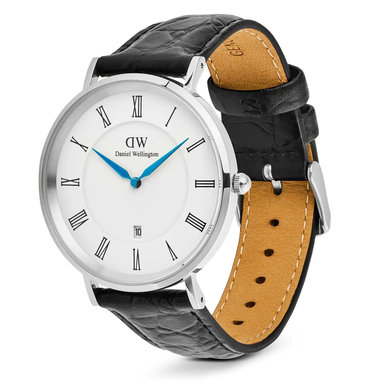 Daniel Wellington Classic Roman Numerals Date Black Croc Belly Silver