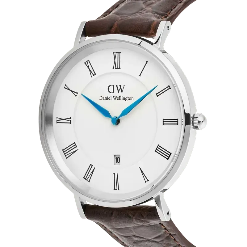 Daniel Wellington Classic Roman Numerals Date Dark Brown Croc Belly Silver