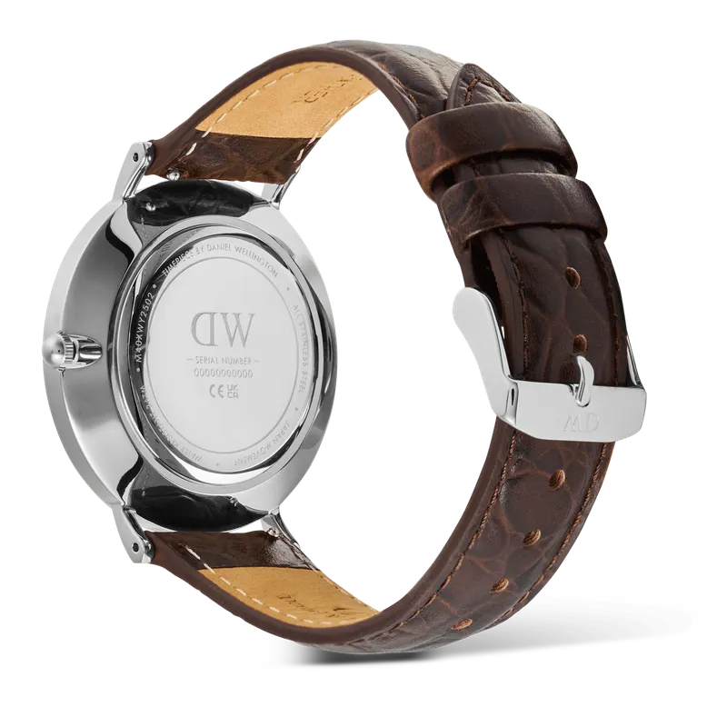Daniel Wellington Classic Roman Numerals Date Dark Brown Croc Belly Silver