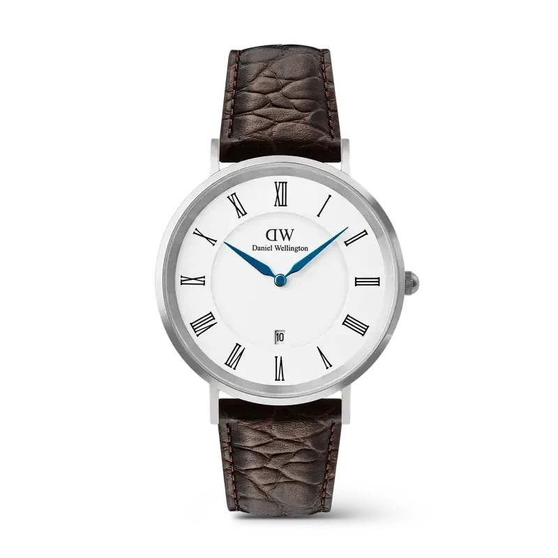 Daniel Wellington Classic Roman Numerals Date Dark Brown Croc Belly Silver
