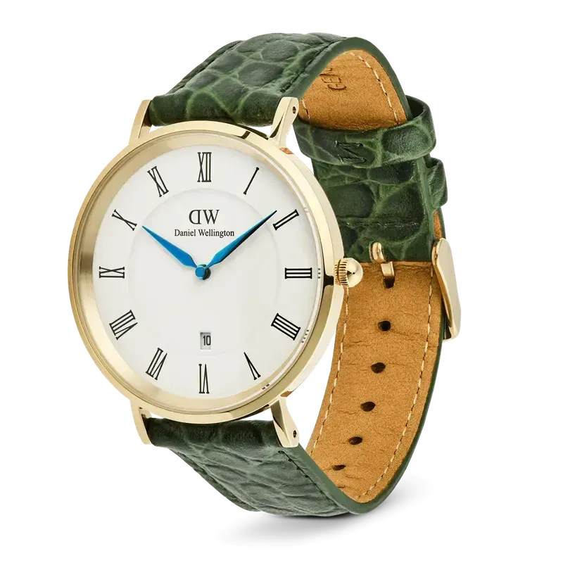 Daniel Wellington Classic Roman Numerals Date Dark Green Croc Belly Gold