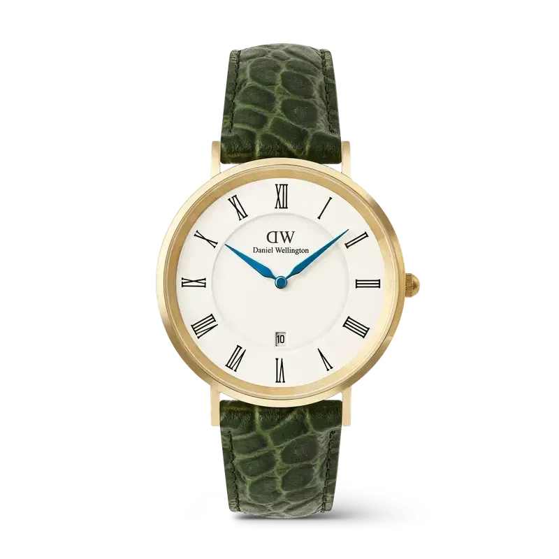 Daniel Wellington Classic Roman Numerals Date Dark Green Croc Belly Gold