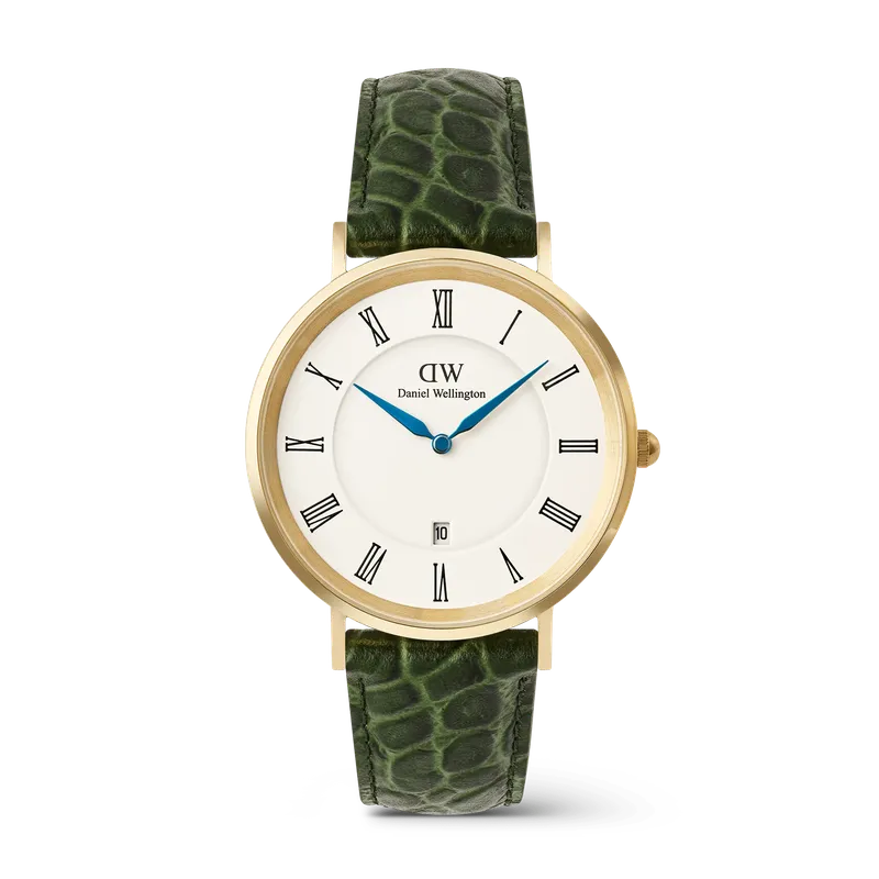 Daniel Wellington Classic Roman Numerals Date Dark Green Croc Belly Gold