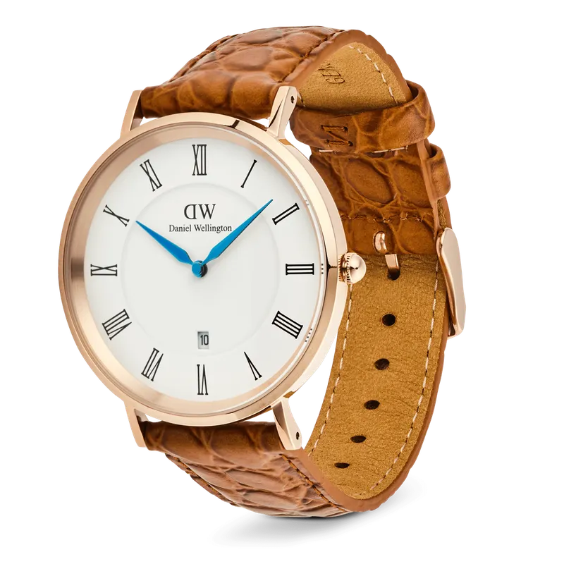 Daniel Wellington Classic Roman Numerals Date Light Brown Croc Belly Rose Gold