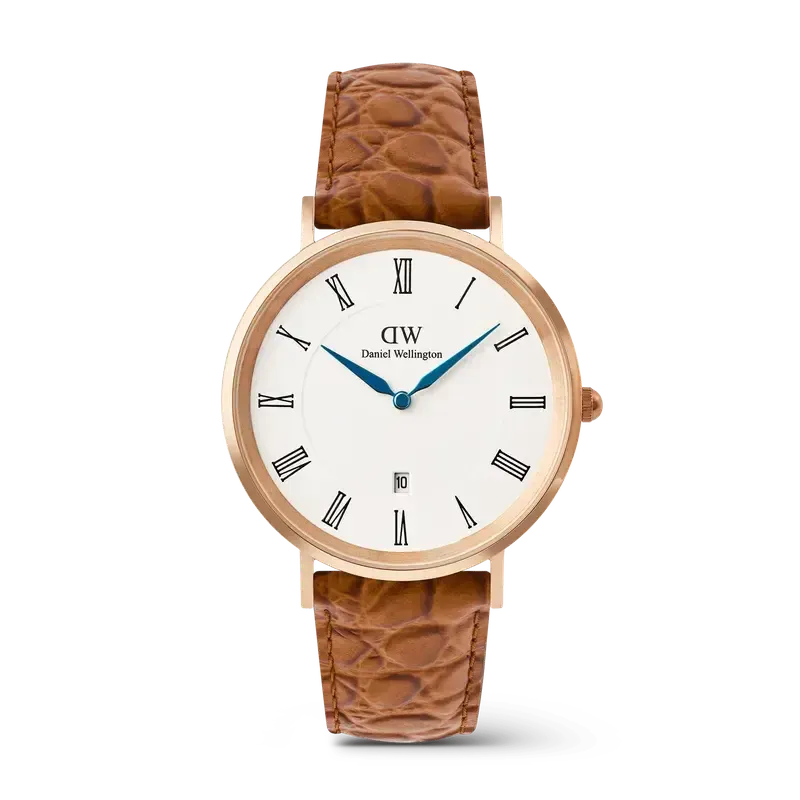 Daniel Wellington Classic Roman Numerals Date Light Brown Croc Belly Rose Gold