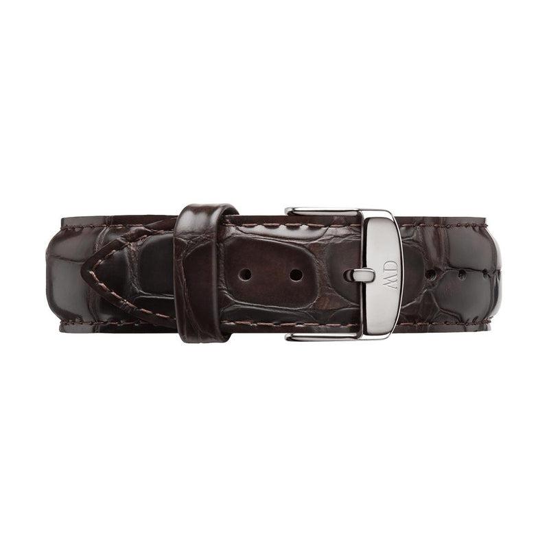 20mm Daniel Wellington Classic York brown croc-embossed Italian leather watch strap with a silver buckle.