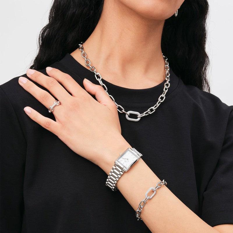 Daniel Wellington silver crystal link bracelet featuring rhodium-plated brass and stainless steel with a claw-set crystal ring.