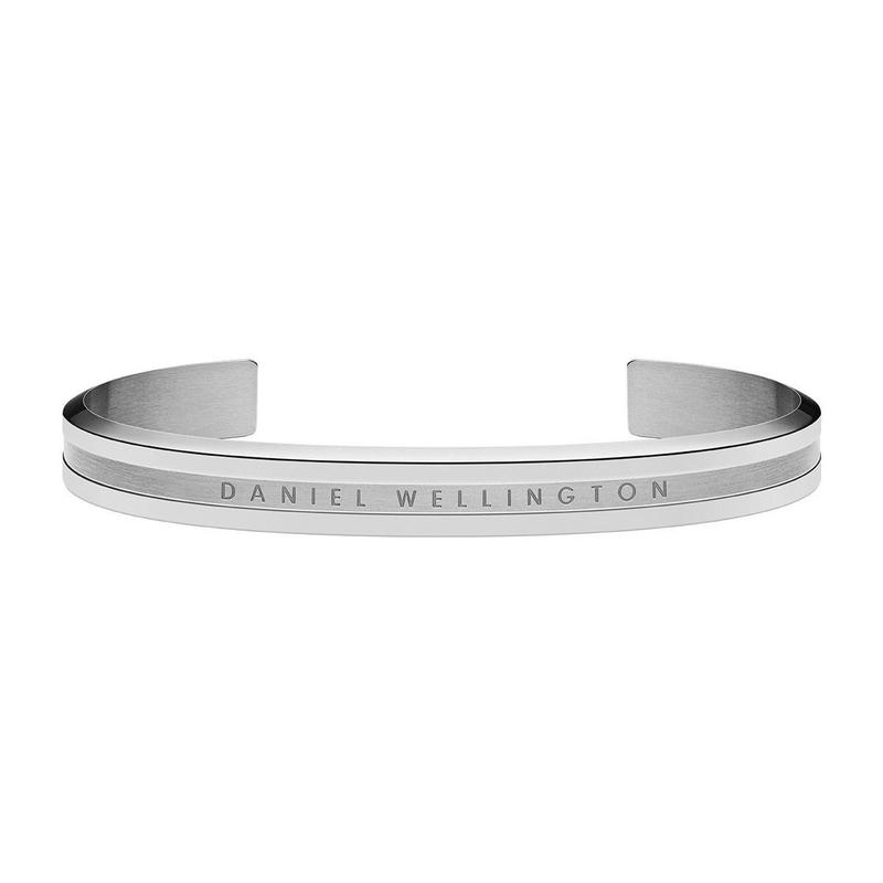 Daniel Wellington Elan silver stainless steel cuff bracelet, size M, featuring elegant engraved branding.