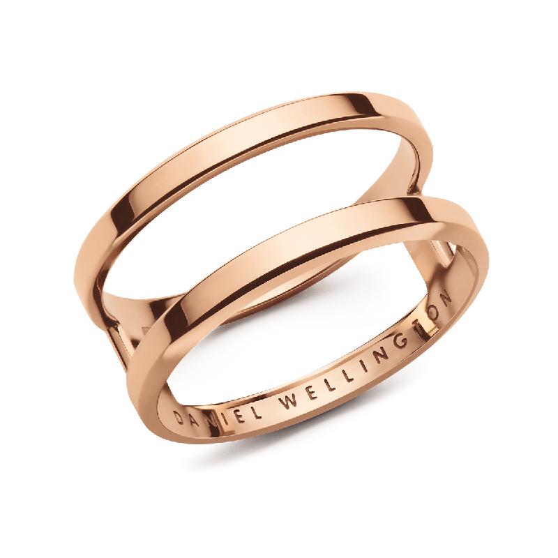 Daniel Wellington Elan Dual Ring in polished rose gold-plated stainless steel with a minimalist open-band design.