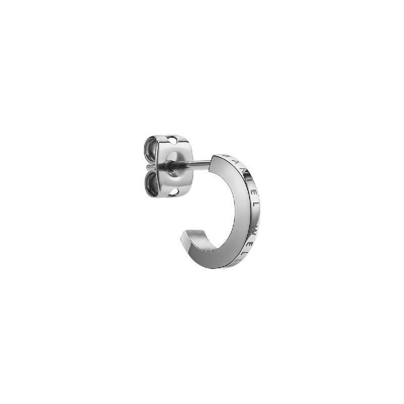 Minimalist Daniel Wellington Elan hoop earrings in polished silver stainless steel with subtle logo engraving.