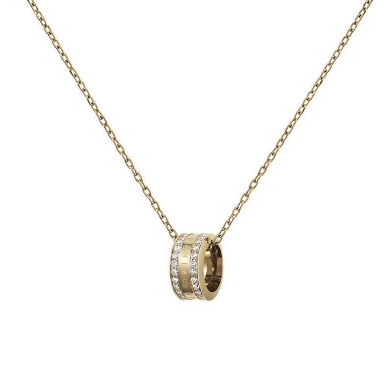 Daniel Wellington Elan Lumine gold necklace featuring a crystal-adorned pendant on a sleek stainless steel cable chain.