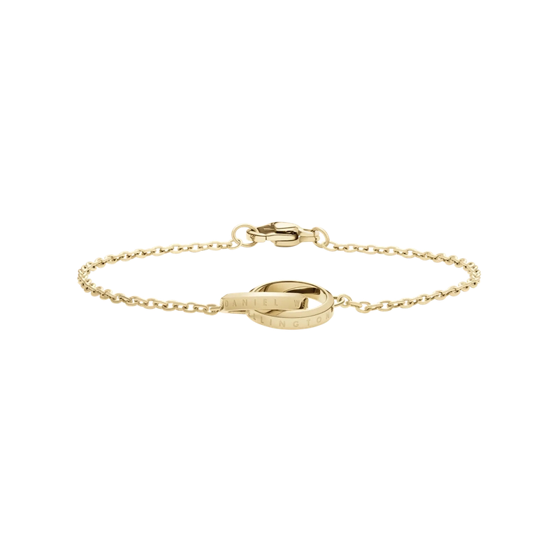 Gold Daniel Wellington Elan Unity bracelet featuring two interlocking rings on a delicate 155mm stainless steel chain.