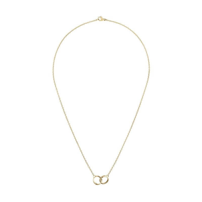 Daniel Wellington Elan Unity necklace in gold stainless steel featuring two interlocking rings on a delicate chain.
