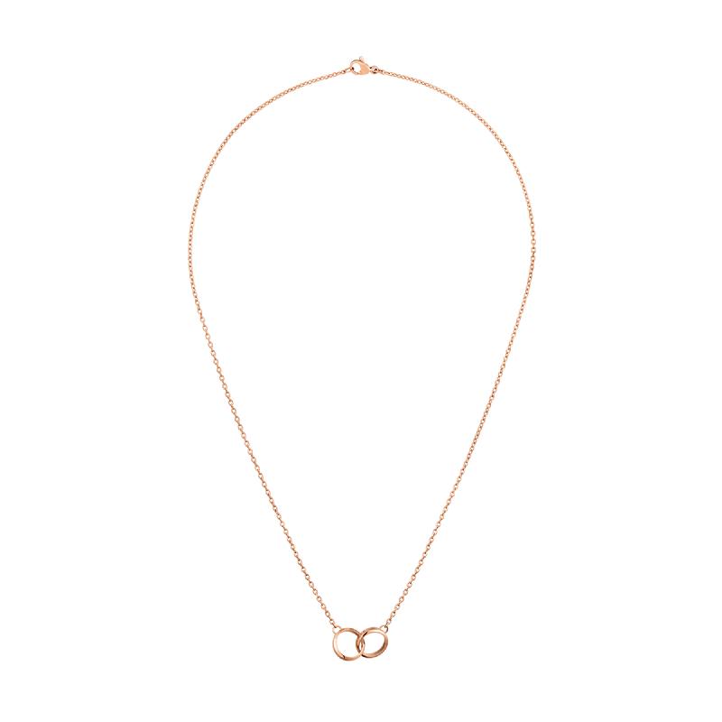 Elegant rose gold Daniel Wellington Elan Unity necklace featuring two interlocking rings on a delicate stainless steel chain.